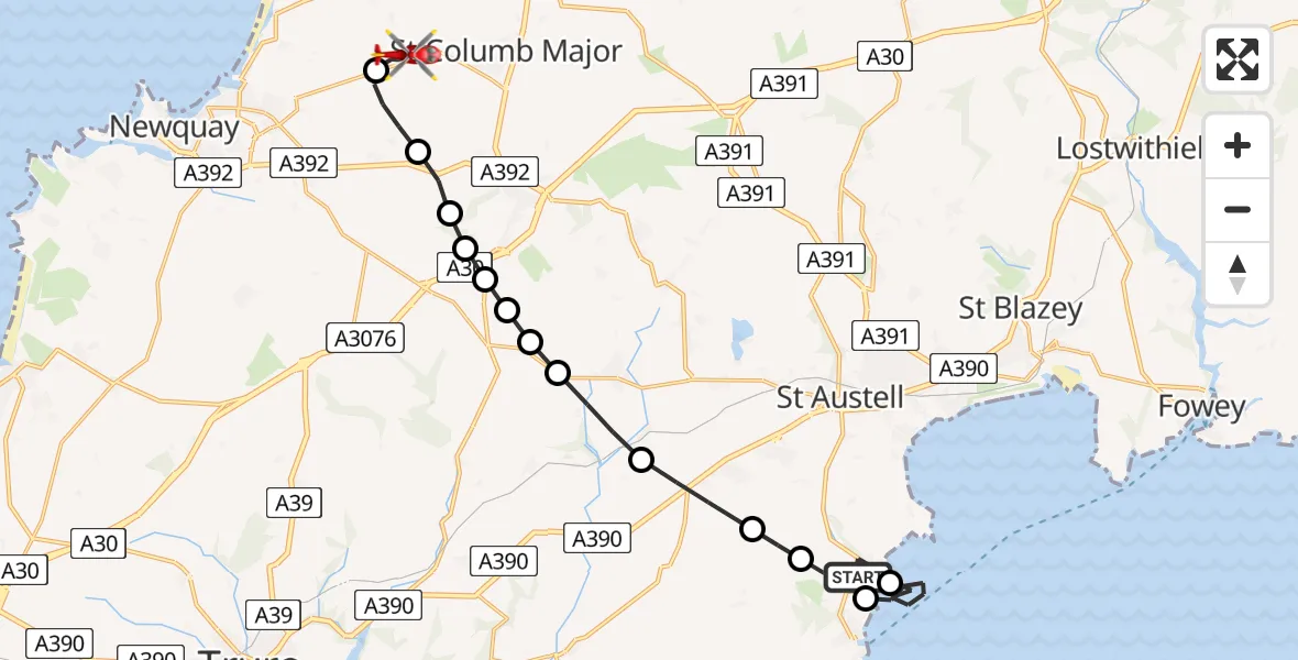 Flight route Air Ambulance Helicopter Pentewan - Cornwall Airport Newquay, 24 June 2026, 20:56