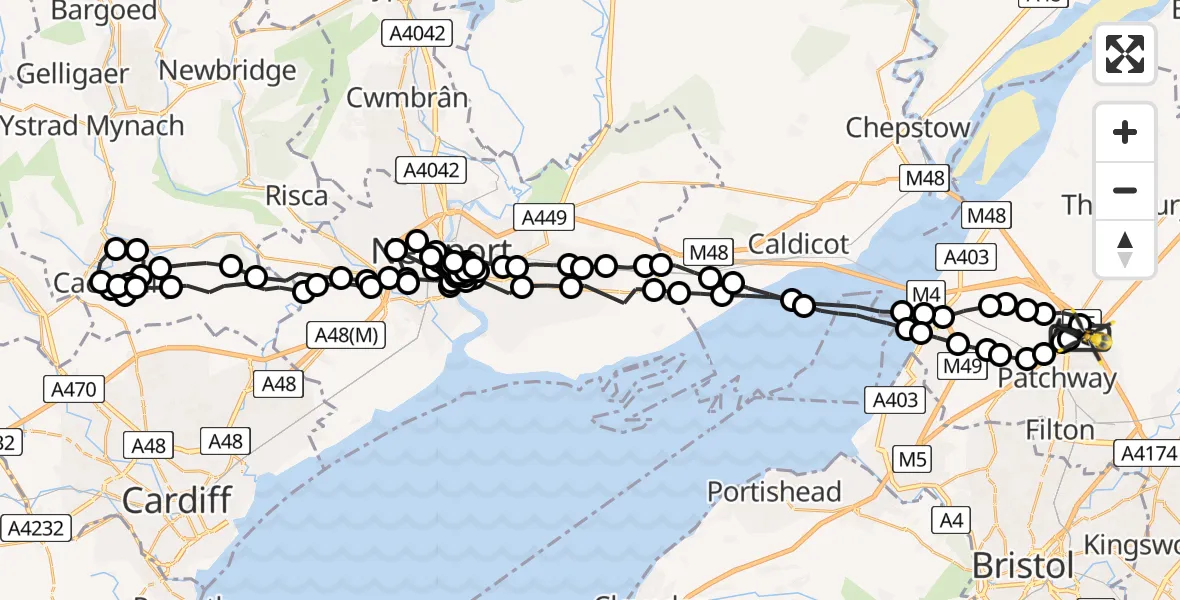 Flight route Police Helicopter Almondsbury Helicopter Base - Almondsbury Helicopter Base, 24 June 2026, 21:01
