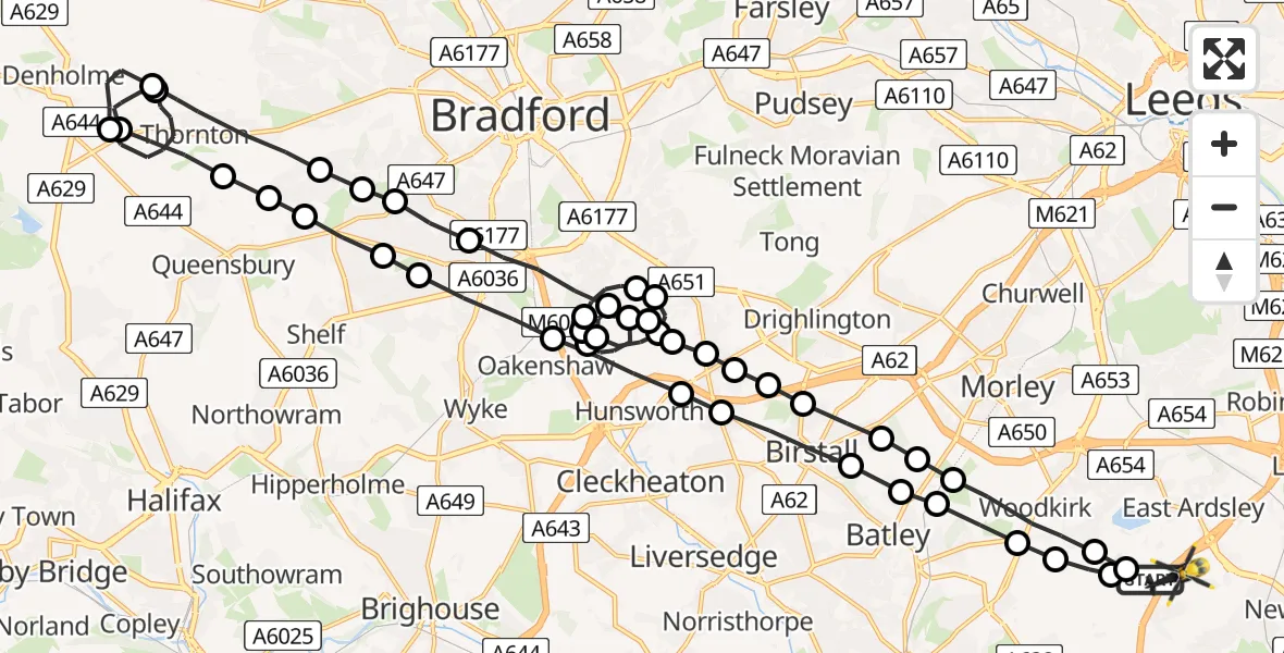 Flight route Police Helicopter East Ardsley - East Ardsley, 24 June 2026, 21:29