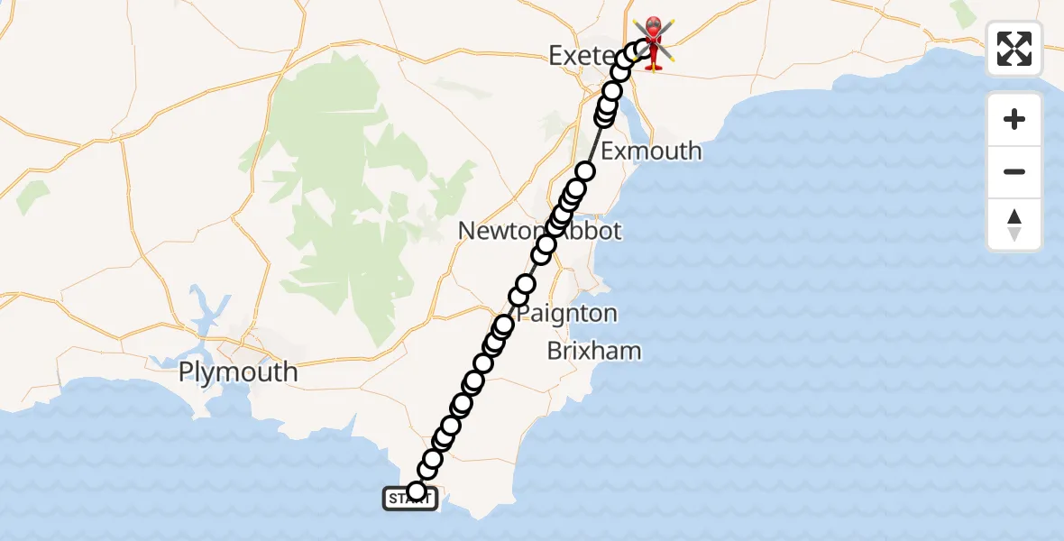 Flight route Air Ambulance Helicopter South Hams - Exeter International Airport, 24 June 2026, 21:46