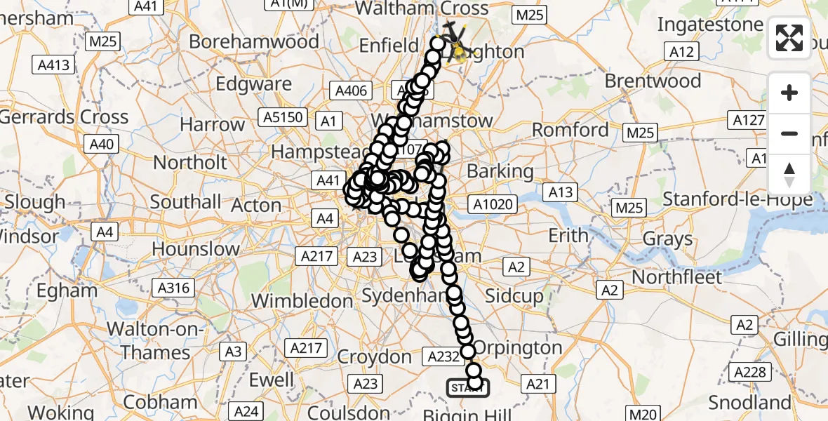 Flight route Police Helicopter Bromley - Sewardstonebury, 24 June 2026, 21:52