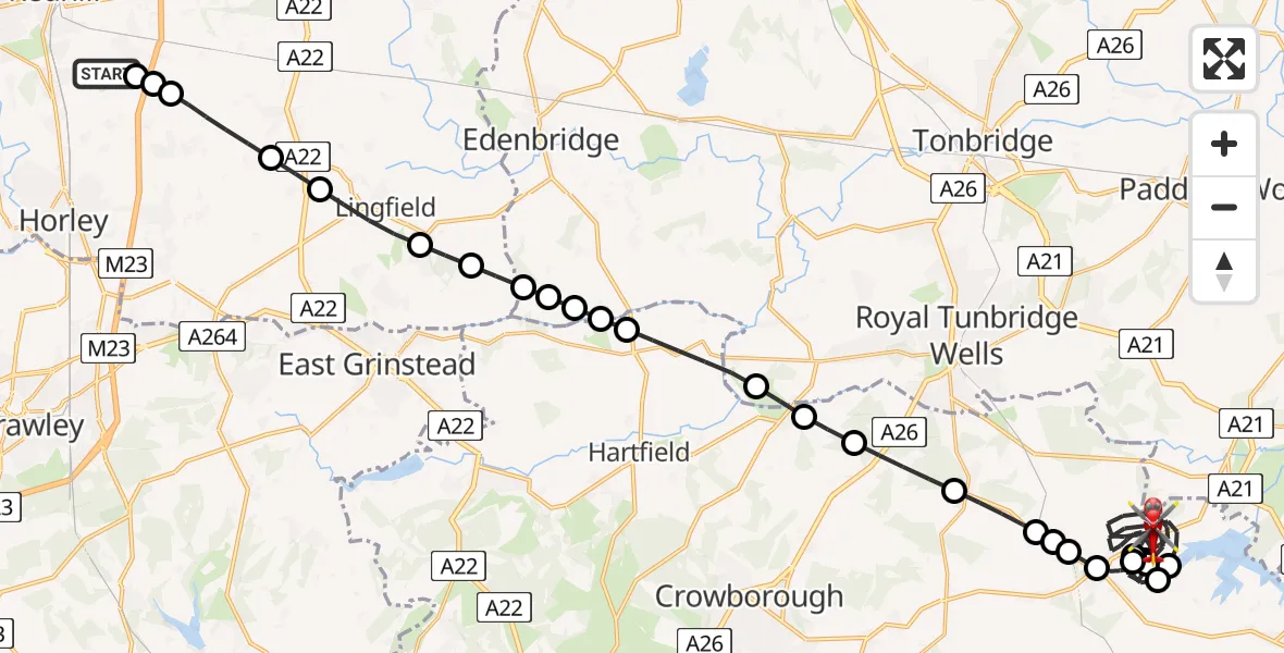 Flight route Air Ambulance Helicopter Redhill Aerodrome - Woods Green, 24 June 2026, 22:11