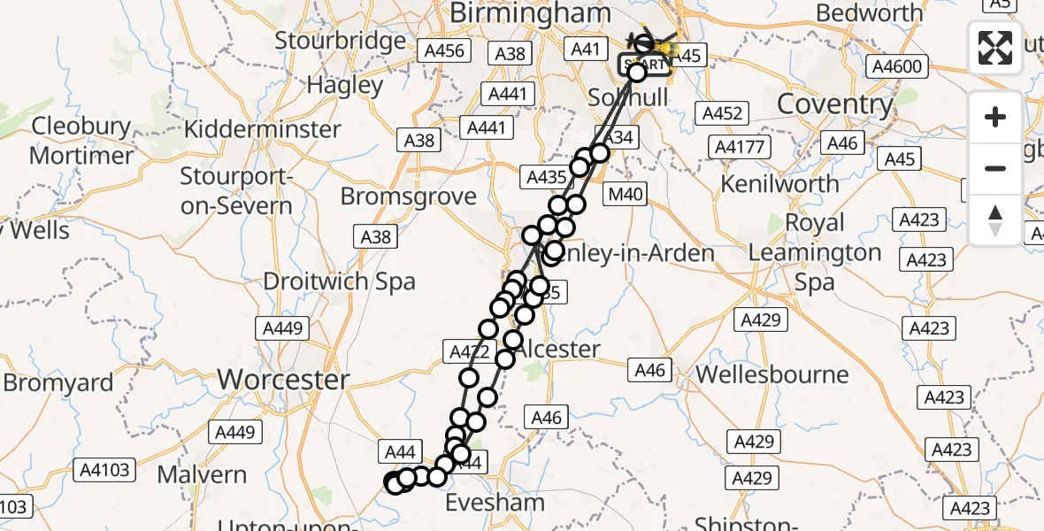 Flight route Police Helicopter Solihull - Birmingham Airport, 24 June 2026, 22:21
