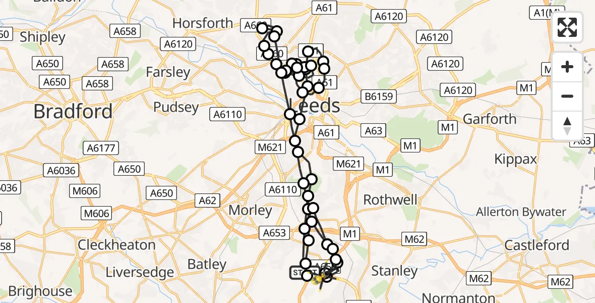 Flight route Police Helicopter East Ardsley - East Ardsley, 24 June 2026, 22:23
