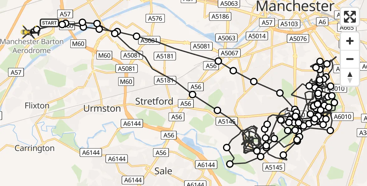 Flight route Police Helicopter Manchester Barton Aerodrome - Manchester Barton Aerodrome, 24 June 2026, 22:30