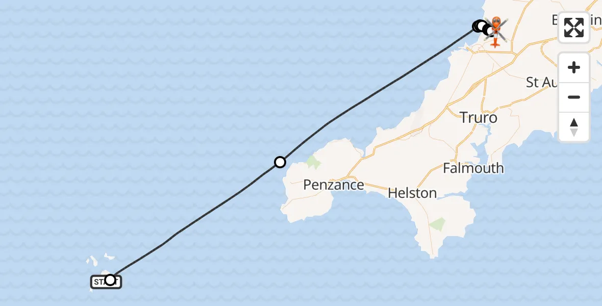 Flight route Coastguard Helicopter St. Mary's Airport - Cornwall Airport Newquay, 24 June 2026, 22:36