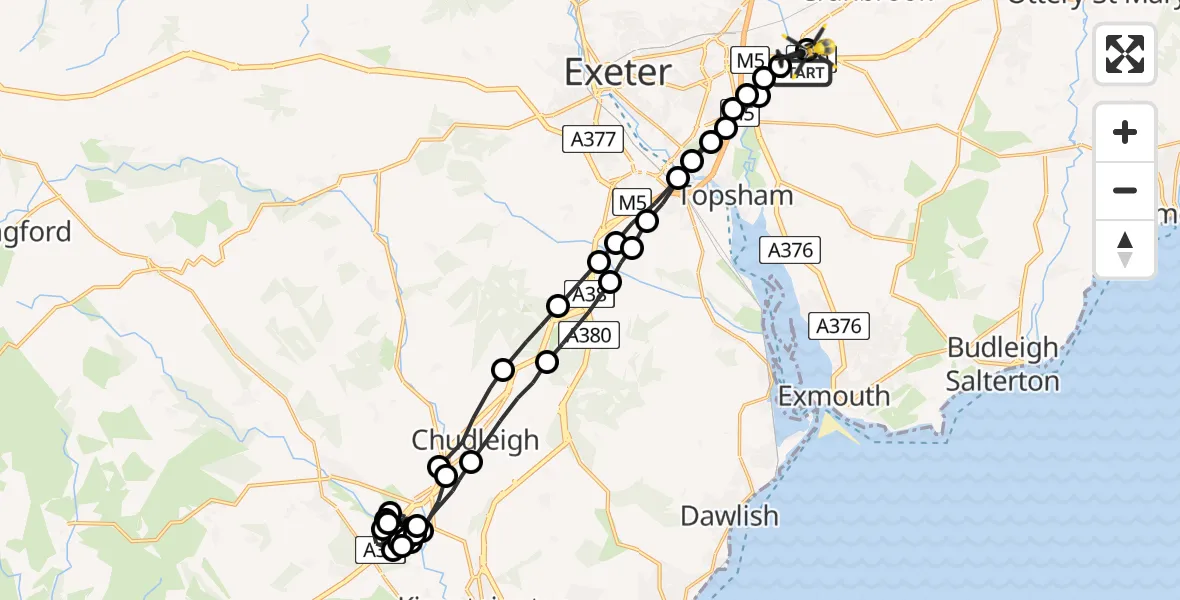 Flight route Police Helicopter Clyst Honiton - Exeter International Airport, 24 June 2026, 22:47