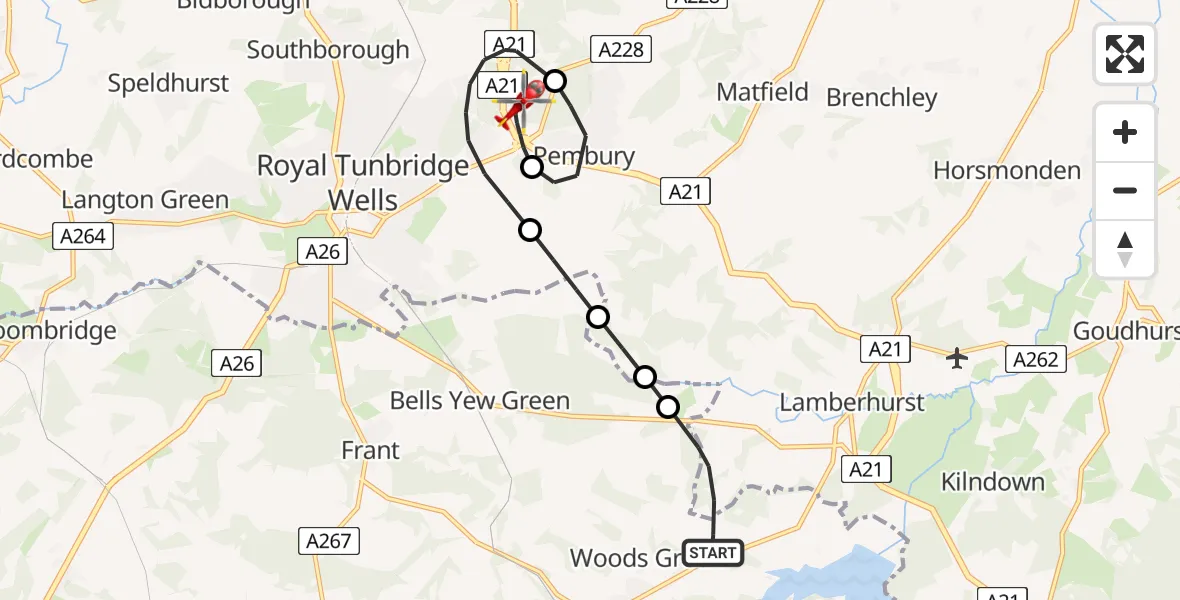 Flight route Air Ambulance Helicopter Woods Green - Tunbridge Wells Hospital Heliport, 24 June 2026, 23:01