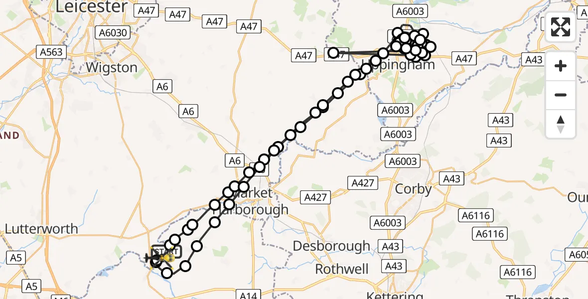 Flight route Police Helicopter Husbands Bosworth Airfield - Welford, 24 June 2026, 23:04