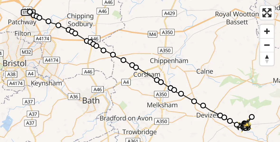 Flight route Police Helicopter Almondsbury Helicopter Base - Patney, 24 June 2026, 23:09