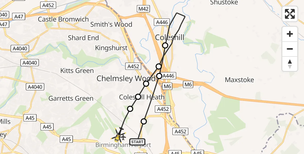 Flight route Police Helicopter Birmingham Airport - Birmingham Airport, 24 June 2026, 23:20