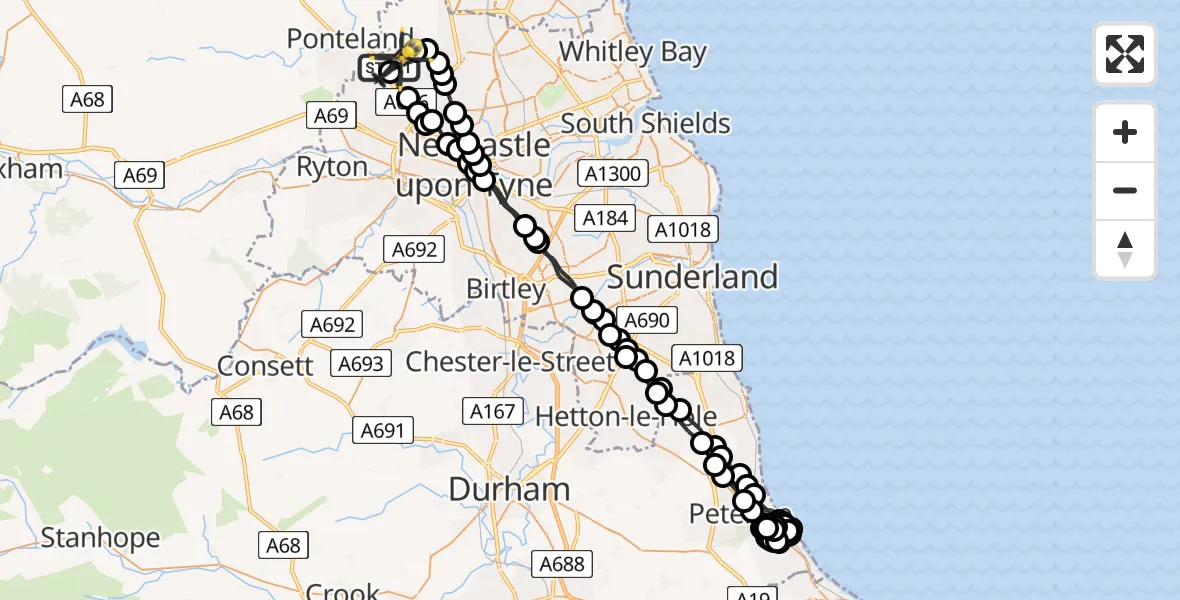 Flight route Police Helicopter Newcastle International Airport - Newcastle International Airport, 24 June 2026, 23:34