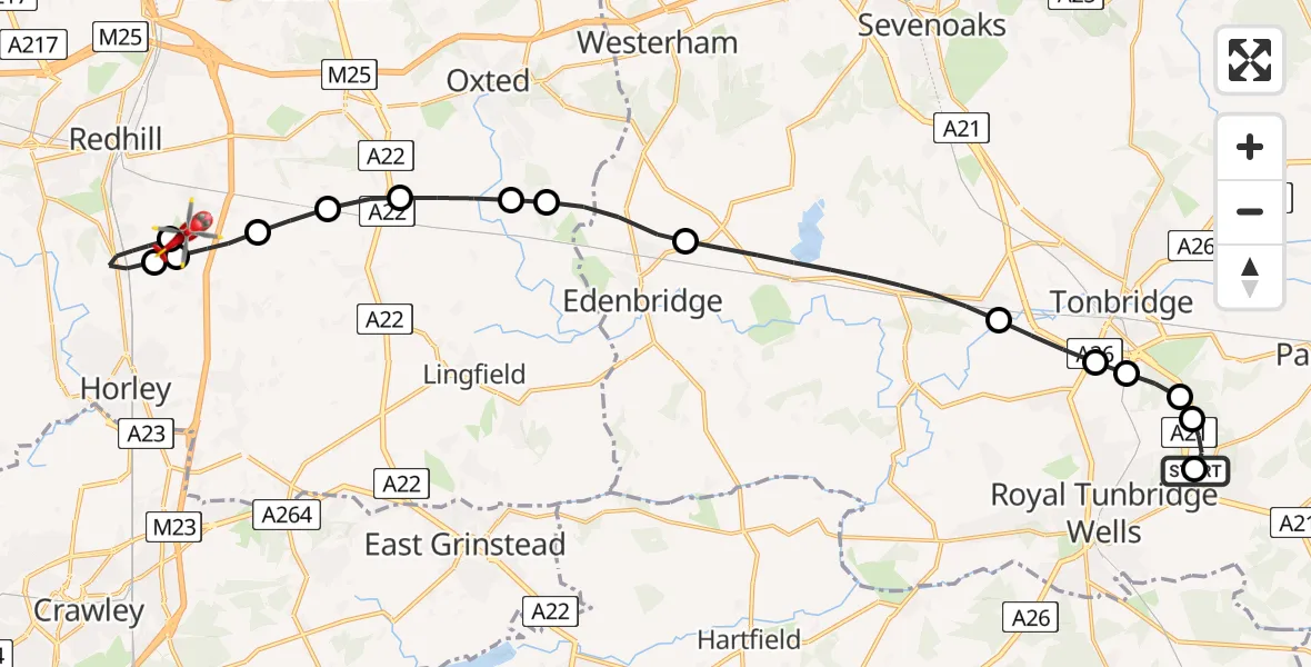 Flight route Air Ambulance Helicopter Tunbridge Wells Hospital Heliport - Redhill Aerodrome, 24 June 2026, 23:40