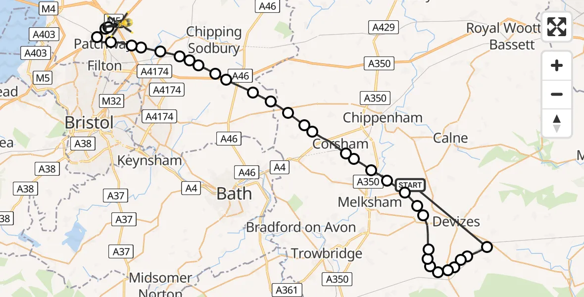Flight route Police Helicopter Bromham - Woodlands, 24 June 2026, 23:46