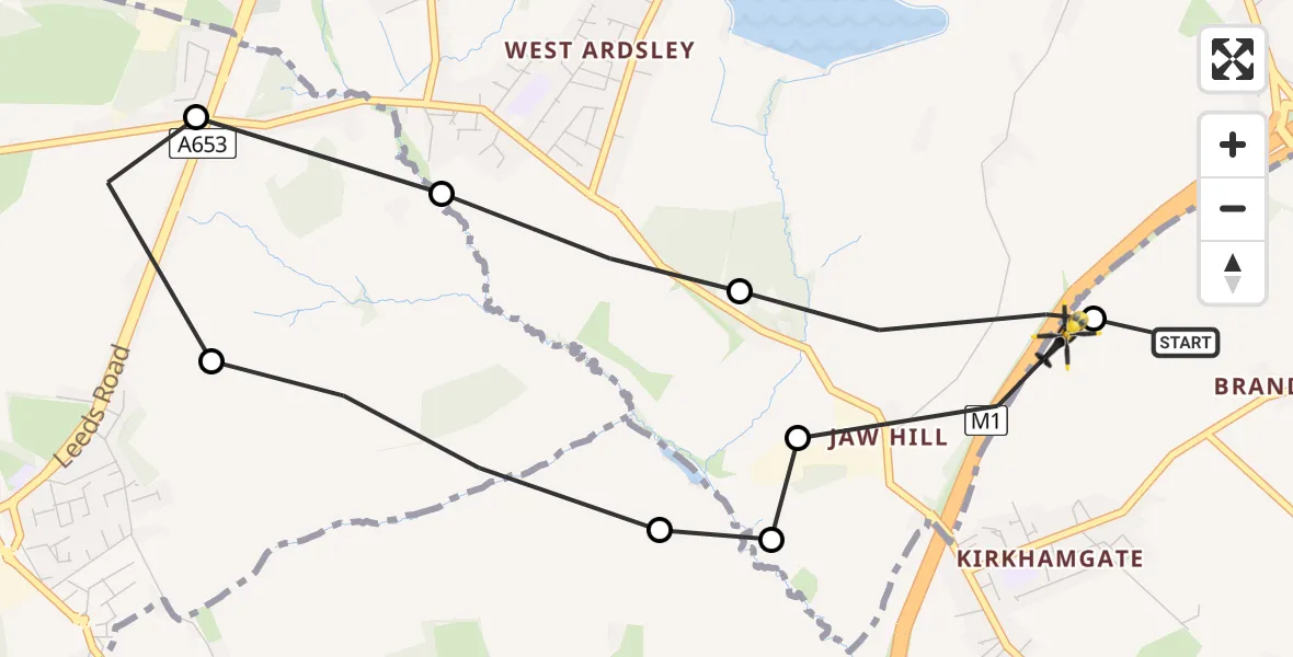 Flight route Police Helicopter East Ardsley - East Ardsley, 25 June 2026, 00:05