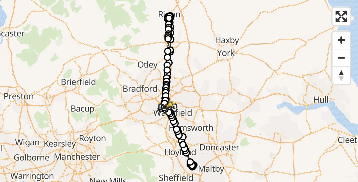 Flight route Police Helicopter East Ardsley - East Ardsley, 25 June 2026, 00:35