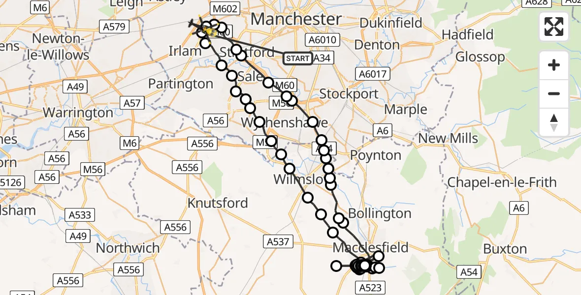 Flight route Police Helicopter Moss Side - Manchester Barton Aerodrome, 25 June 2026, 00:50