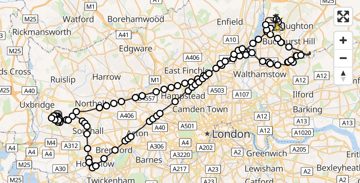 Flight route Police Helicopter Sewardstonebury - Sewardstonebury, 25 June 2026, 01:04