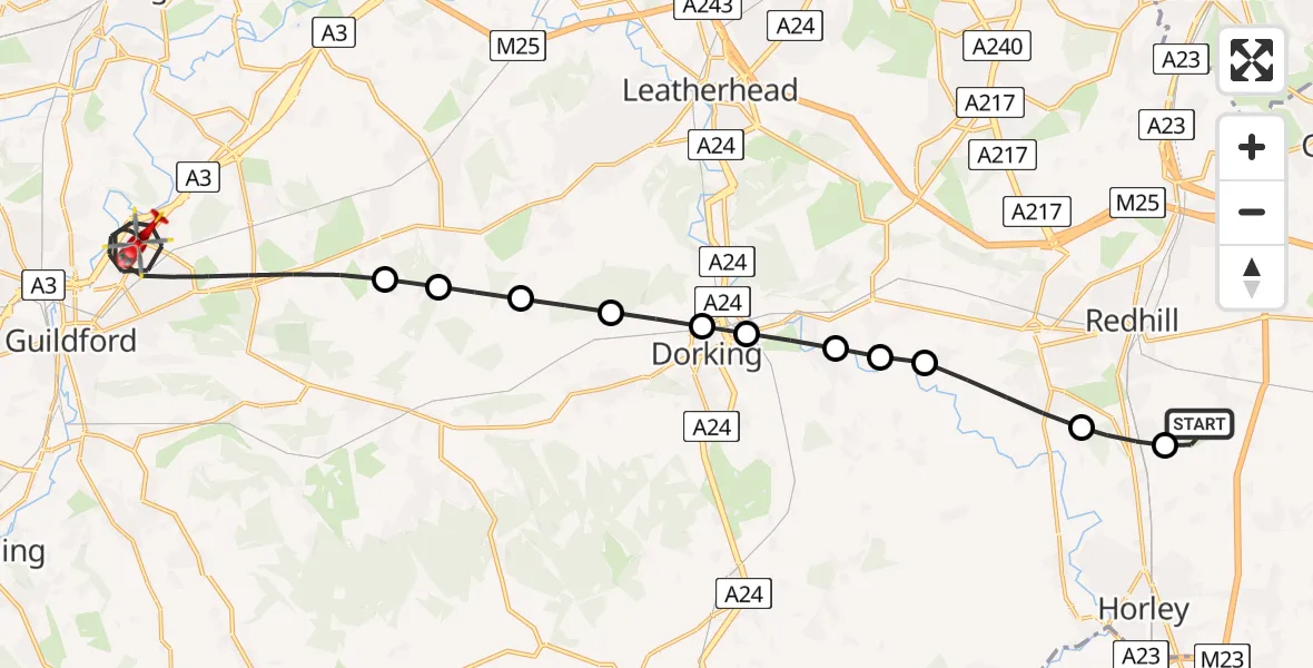Flight route Air Ambulance Helicopter Redhill Aerodrome - Guildford, 25 June 2026, 03:01