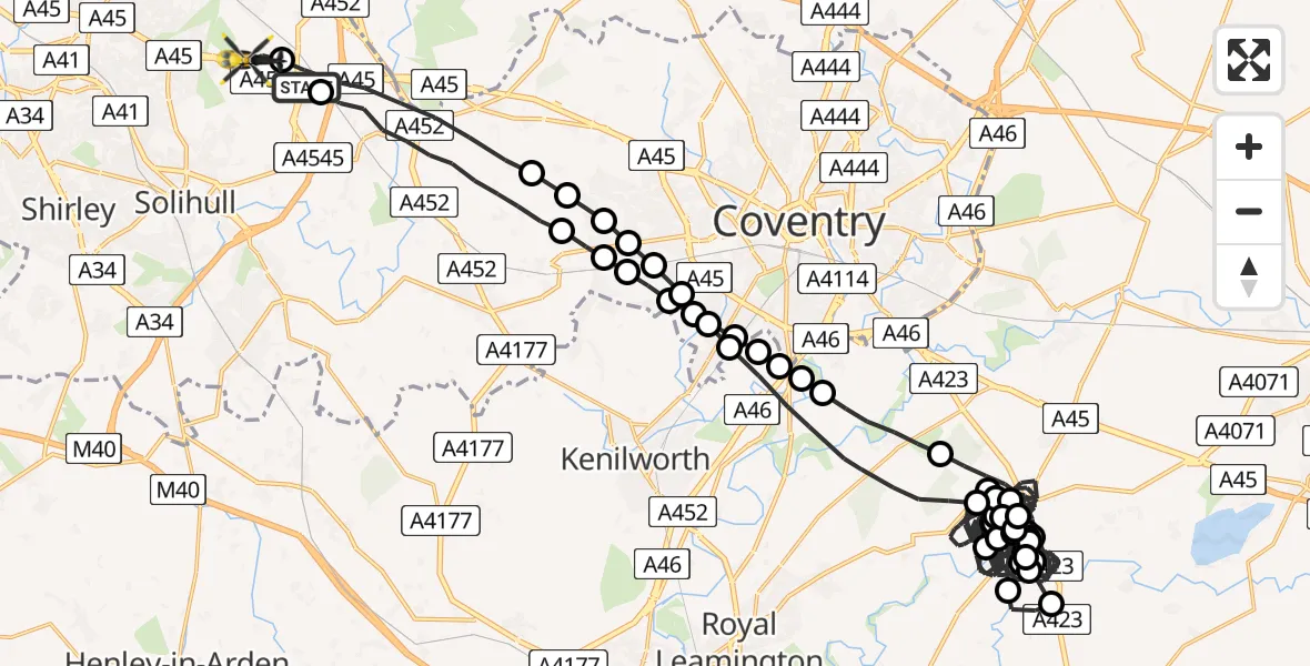 Flight route Police Helicopter Solihull - Birmingham Airport, 25 June 2026, 03:18