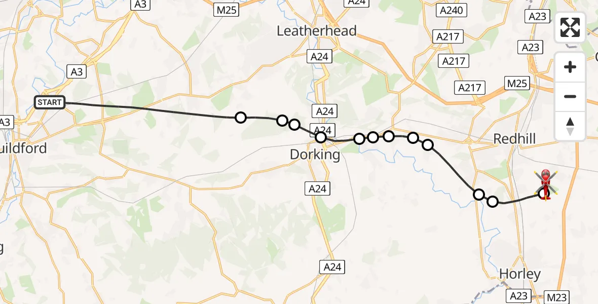 Flight route Air Ambulance Helicopter Guildford - Redhill Aerodrome, 25 June 2026, 03:42