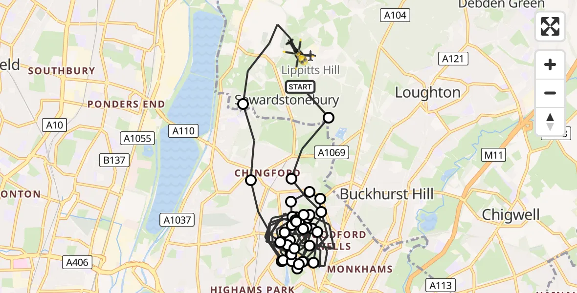 Flight route Police Helicopter Sewardstonebury - Sewardstonebury, 25 June 2026, 04:02