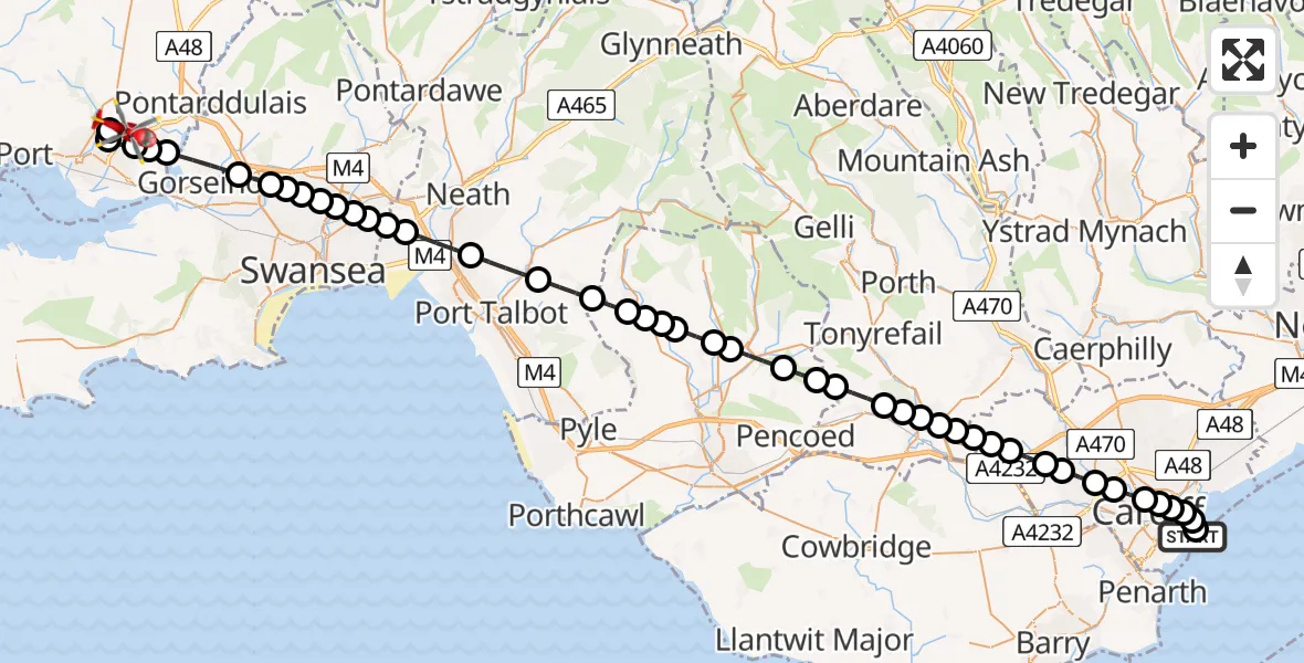 Flight route Air Ambulance Helicopter Cardiff Heliport - Dafen, 25 June 2026, 06:24