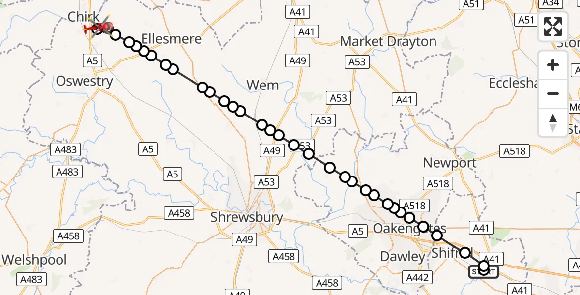 Flight route Air Ambulance Helicopter RAF Cosford - St. Martin's, 25 June 2026, 06:47