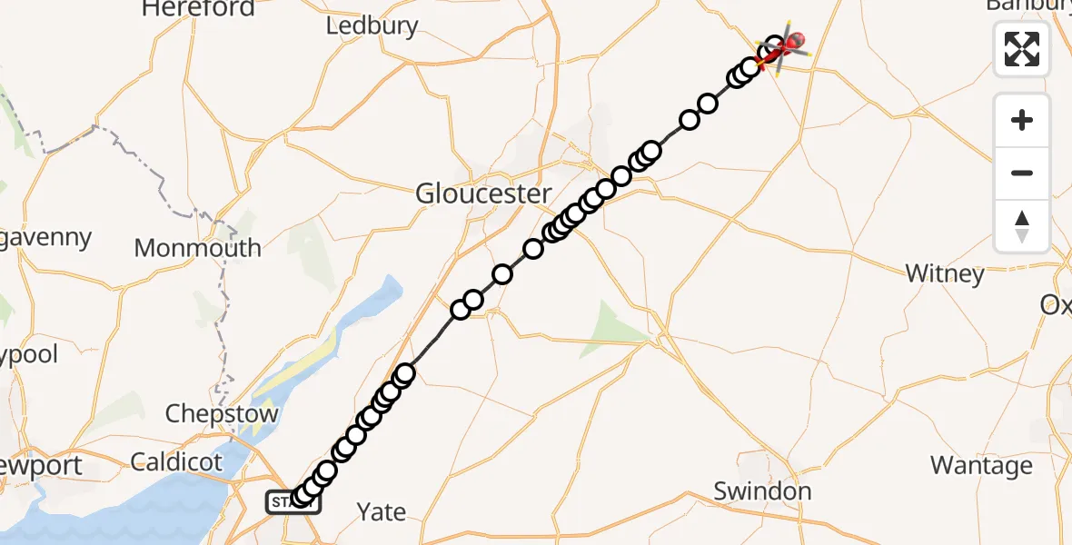 Flight route Air Ambulance Helicopter Almondsbury Helicopter Base - Blockley, 25 June 2026, 06:54