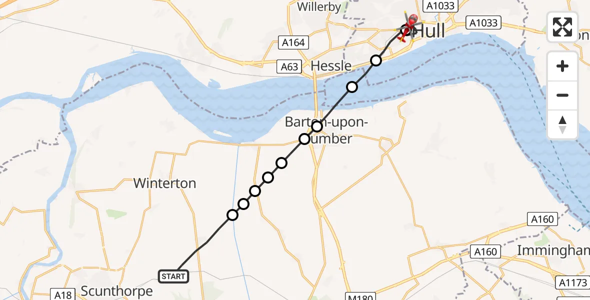 Flight route Air Ambulance Helicopter Appleby - Hull Royal Infirmary, 25 June 2026, 07:13