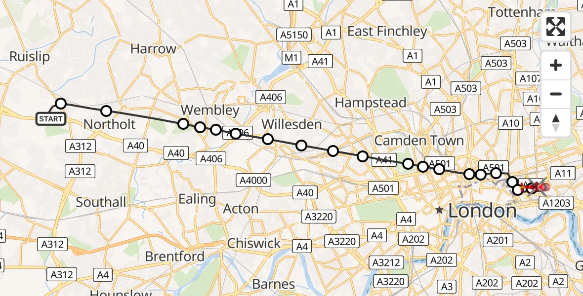 Flight route Air Ambulance Helicopter RAF Northolt - Royal London Hospital, 25 June 2026, 07:18