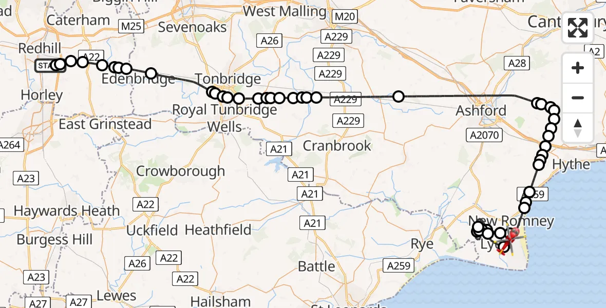 Flight route Air Ambulance Helicopter Redhill Aerodrome - Lydd London Ashford Airport, 25 June 2026, 07:18