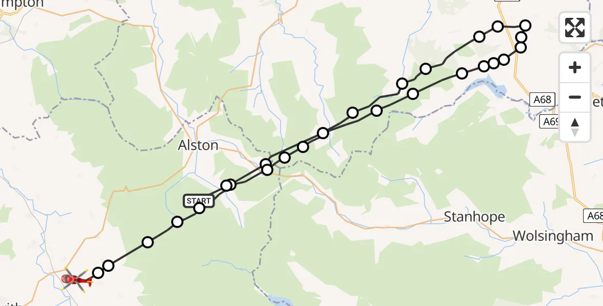 Flight route Air Ambulance Helicopter Alston Moor - Skirwith, 25 June 2026, 07:28