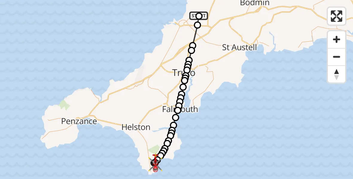 Flight route Air Ambulance Helicopter Cornwall Airport Newquay - Ruan Minor, 25 June 2026, 07:31