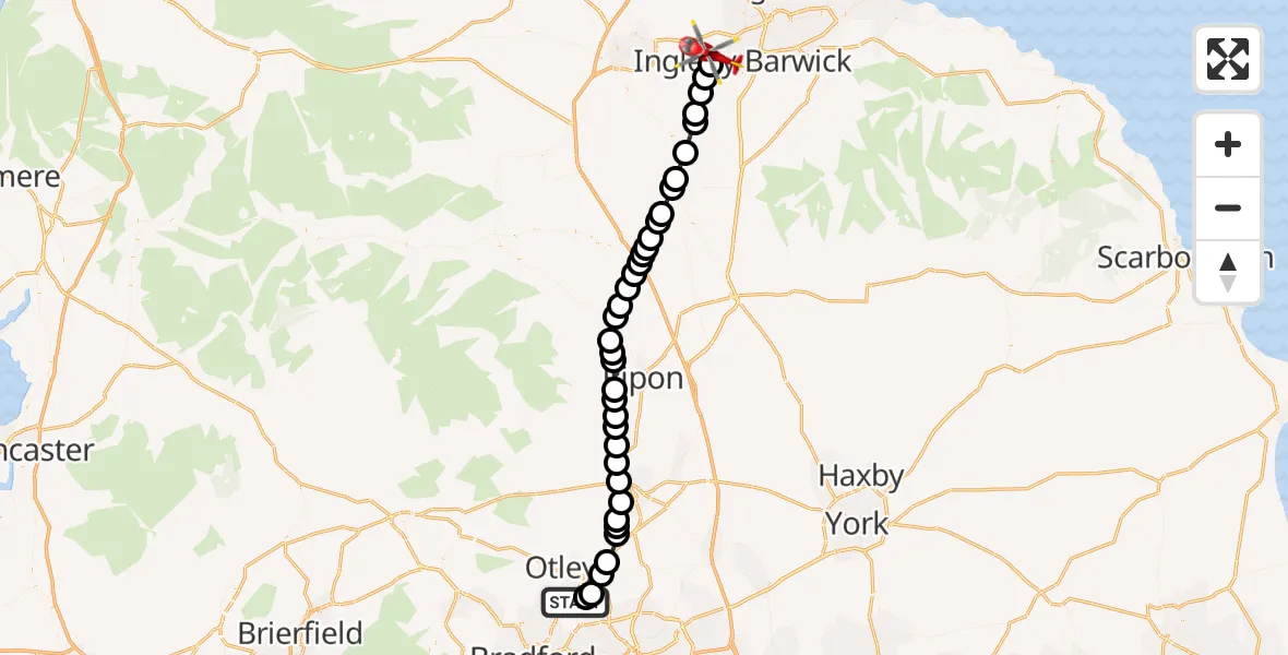 Flight route Air Ambulance Helicopter Leeds Bradford Airport - Egglescliffe, 25 June 2026, 07:49