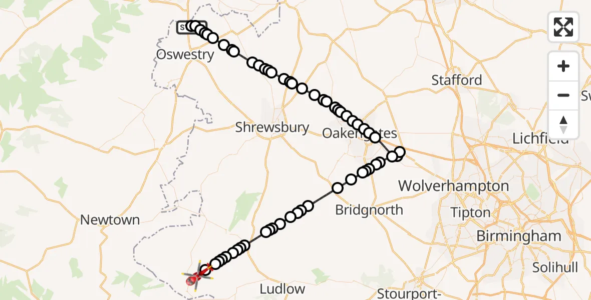 Flight route Air Ambulance Helicopter St. Martin's - Clunbury, 25 June 2026, 07:55