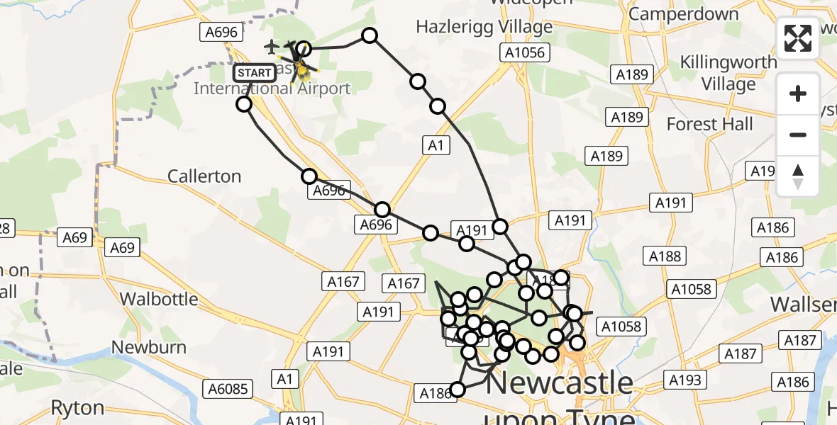 Flight route Police Helicopter Newcastle International Airport - Newcastle International Airport, 25 June 2026, 08:21