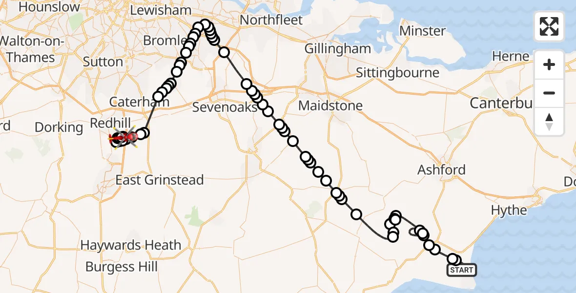Flight route Air Ambulance Helicopter Lydd London Ashford Airport - Tandridge, 25 June 2026, 08:23