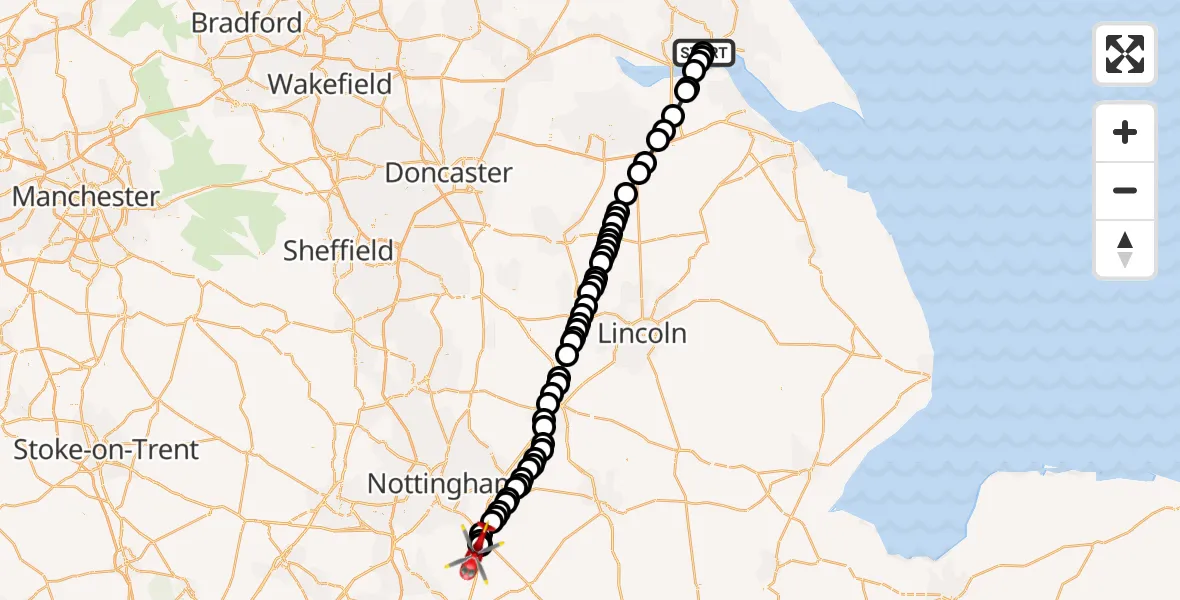 Flight route Air Ambulance Helicopter Hull Royal Infirmary - Willoughby on the Wolds, 25 June 2026, 08:23