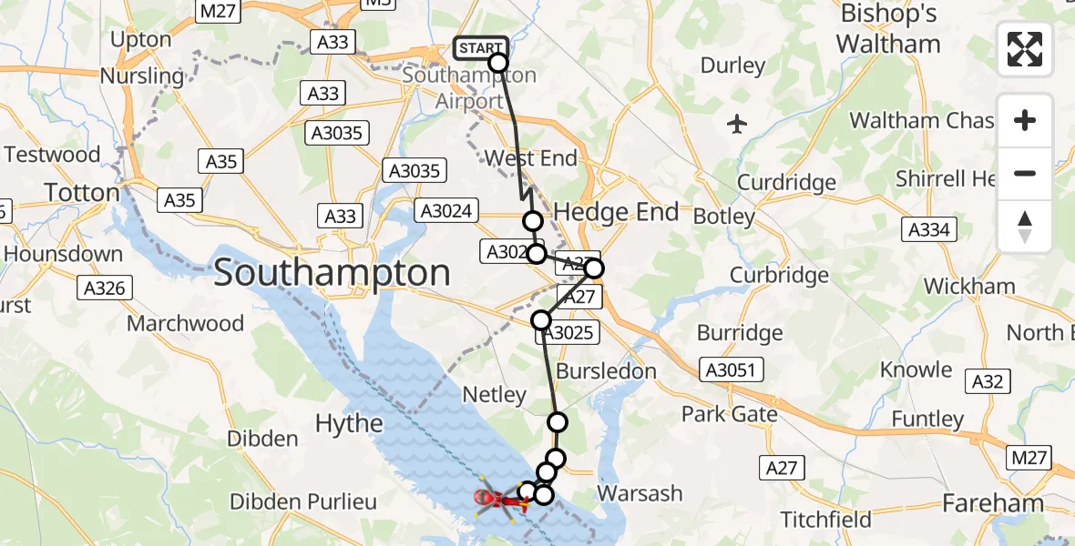 Flight route Air Ambulance Helicopter Southampton Airport - Southampton Water, 25 June 2026, 08:26