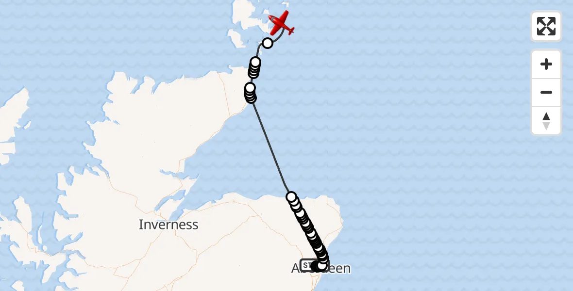 Flight route Air Ambulance Aircraft Bucksburn - North Sea, 25 June 2026, 08:36