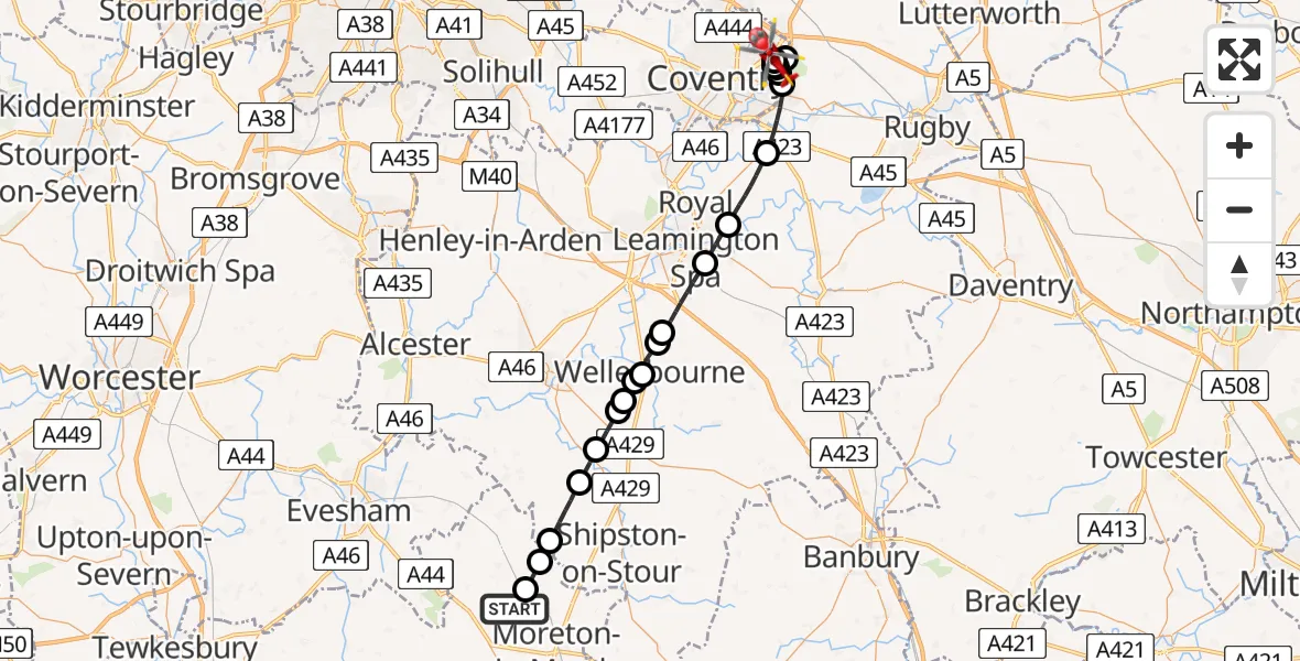 Flight route Air Ambulance Helicopter Blockley - Manor Farm Estate, 25 June 2026, 08:46