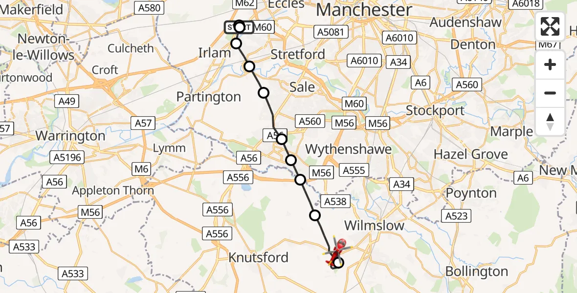 Flight route Air Ambulance Helicopter Manchester Barton Aerodrome - Great Warford, 25 June 2026, 08:46