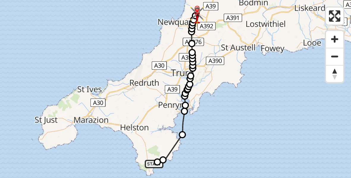 Flight route Air Ambulance Helicopter Ruan Minor - Cornwall Airport Newquay, 25 June 2026, 09:11