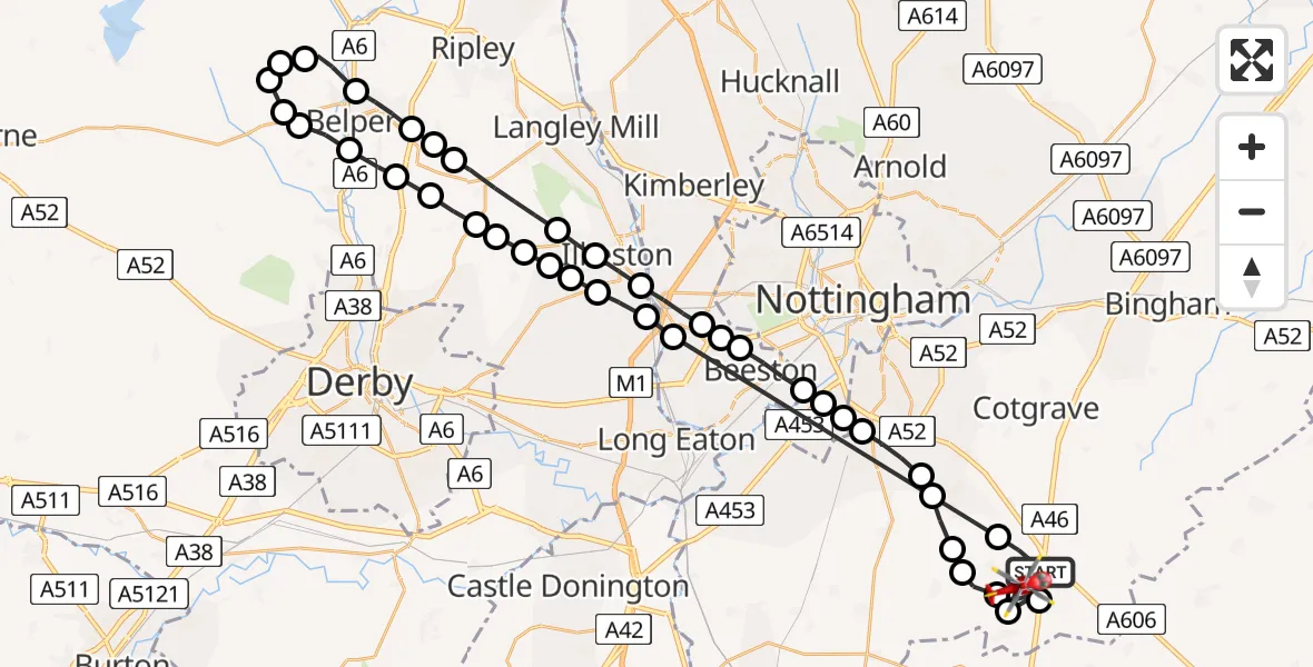Flight route Air Ambulance Helicopter Widmerpool - Widmerpool, 25 June 2026, 09:13