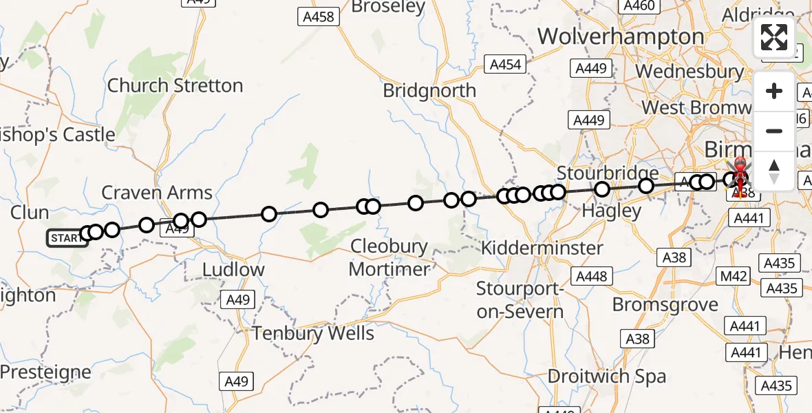Flight route Air Ambulance Helicopter Clunbury - Queen Elizabeth Hospital Helipad, 25 June 2026, 09:17