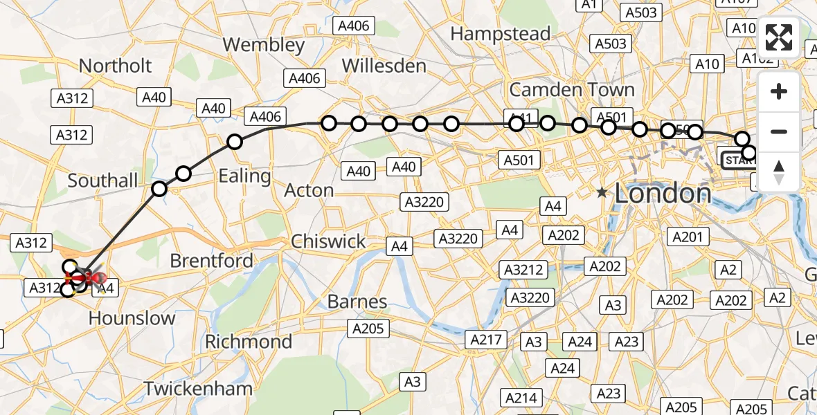Flight route Air Ambulance Helicopter Royal London Hospital - Heston, 25 June 2026, 09:49