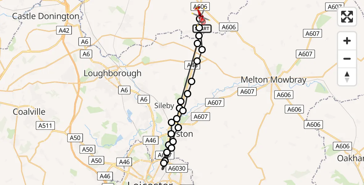 Flight route Air Ambulance Helicopter Rushcliffe - Nottingham Heliport, 25 June 2026, 09:57