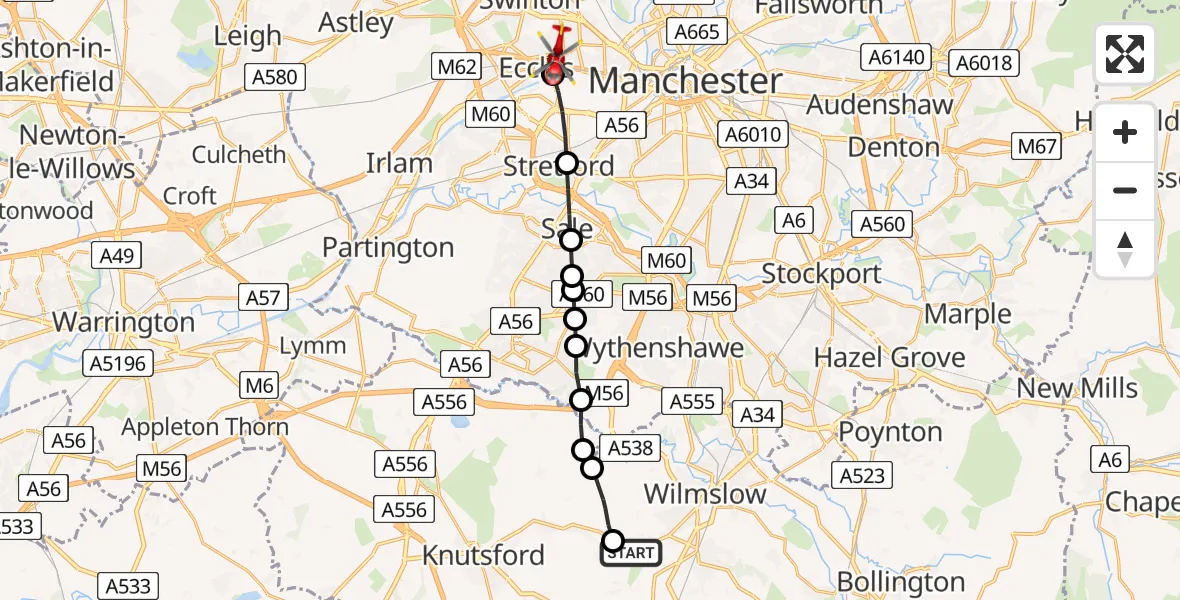 Flight route Air Ambulance Helicopter Great Warford - Eccles, 25 June 2026, 09:59