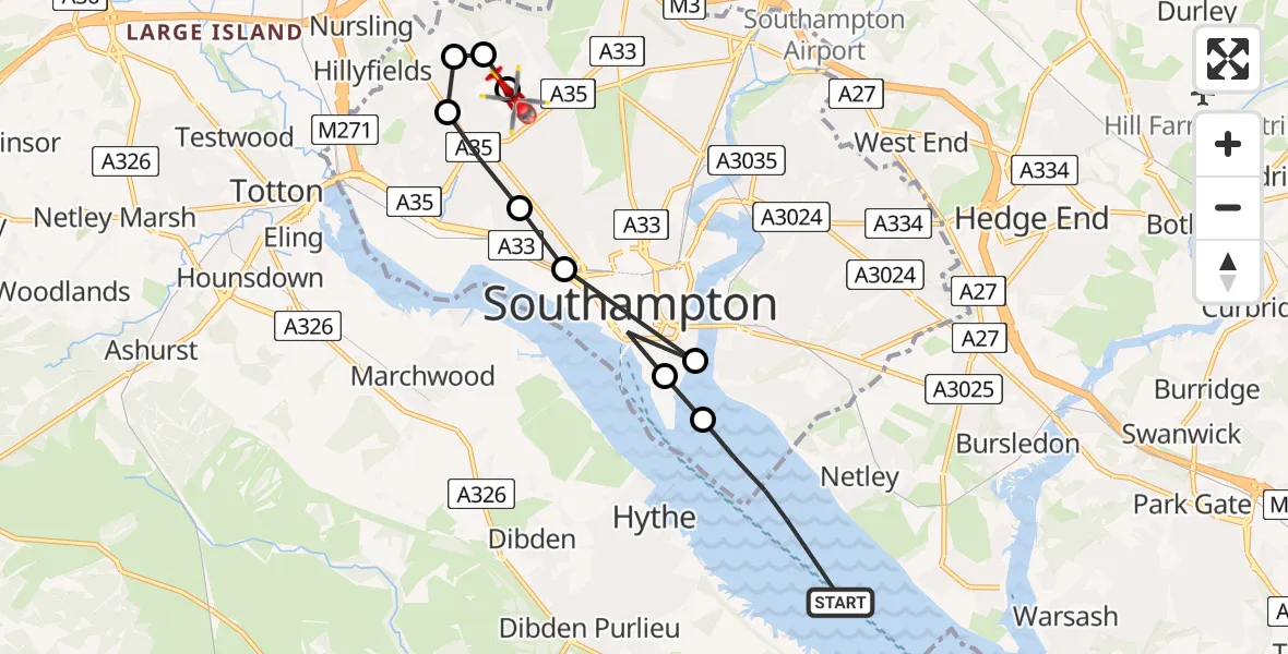 Flight route Air Ambulance Helicopter Southampton Water - University Hospital Southampton, 25 June 2026, 10:07